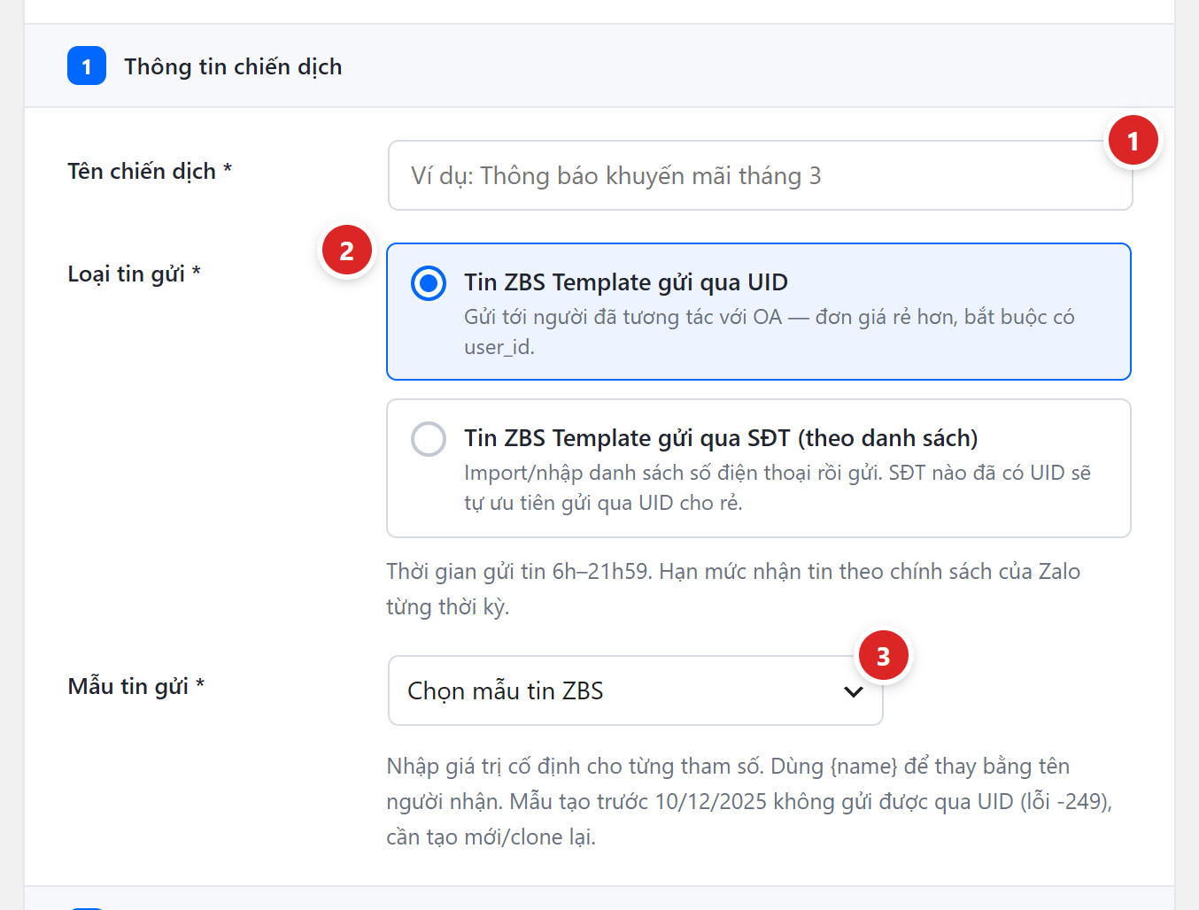 Khối Thông tin chiến dịch với ô tên, hai lựa chọn loại tin gửi và ô chọn mẫu tin ZBS