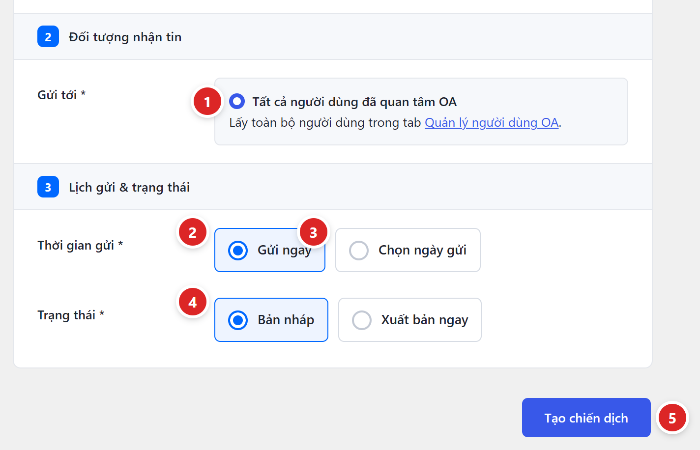 Khối Đối tượng nhận tin và khối Lịch gửi và trạng thái với các lựa chọn Gửi ngay, Chọn ngày gửi, Bản nháp, Xuất bản ngay