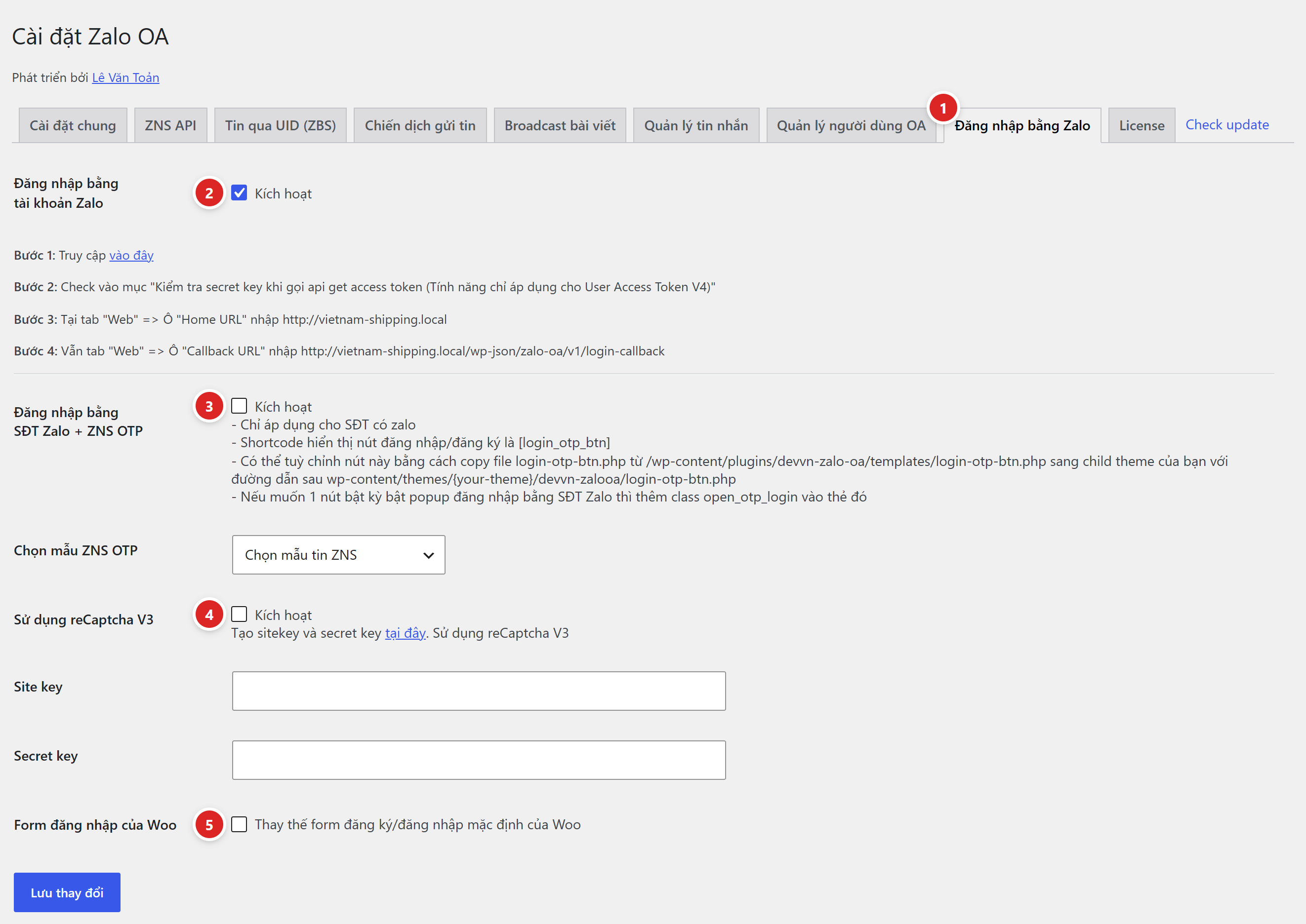 Tab Đăng nhập bằng Zalo với các mục Đăng nhập bằng tài khoản Zalo, SĐT Zalo cộng ZNS OTP, reCaptcha V3 và Form đăng nhập của Woo