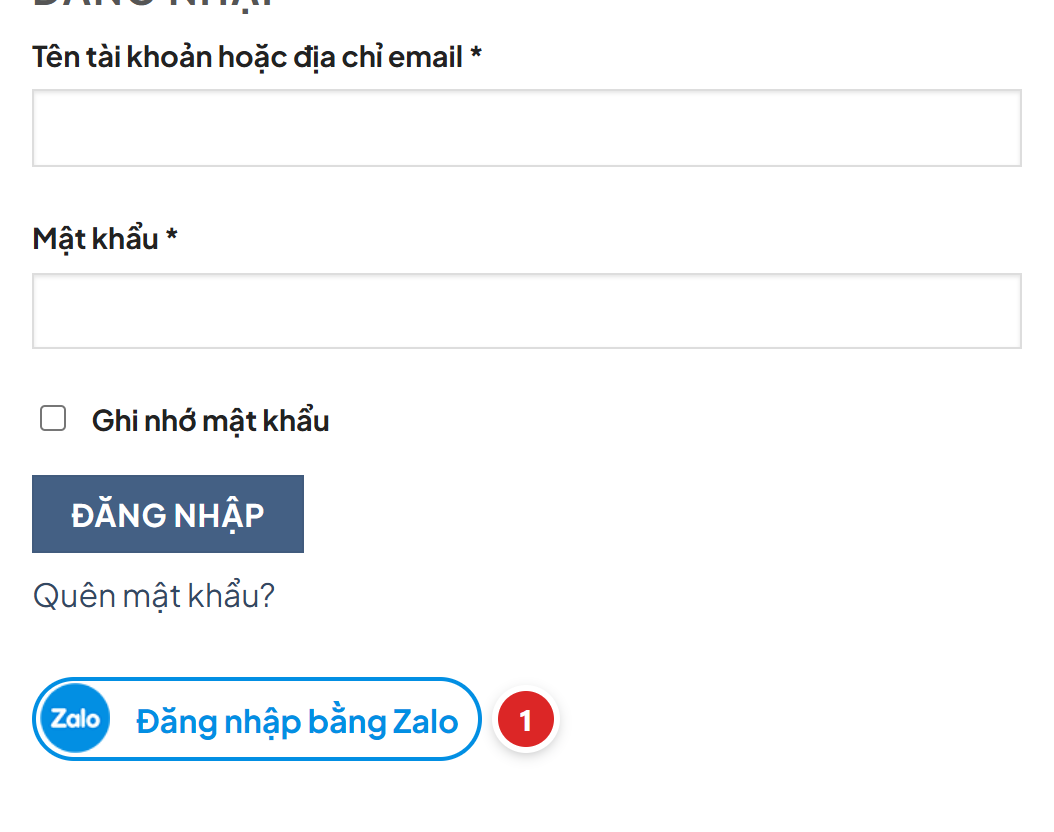 Form đăng nhập trang tài khoản WooCommerce với nút Đăng nhập bằng Zalo nằm dưới liên kết Quên mật khẩu