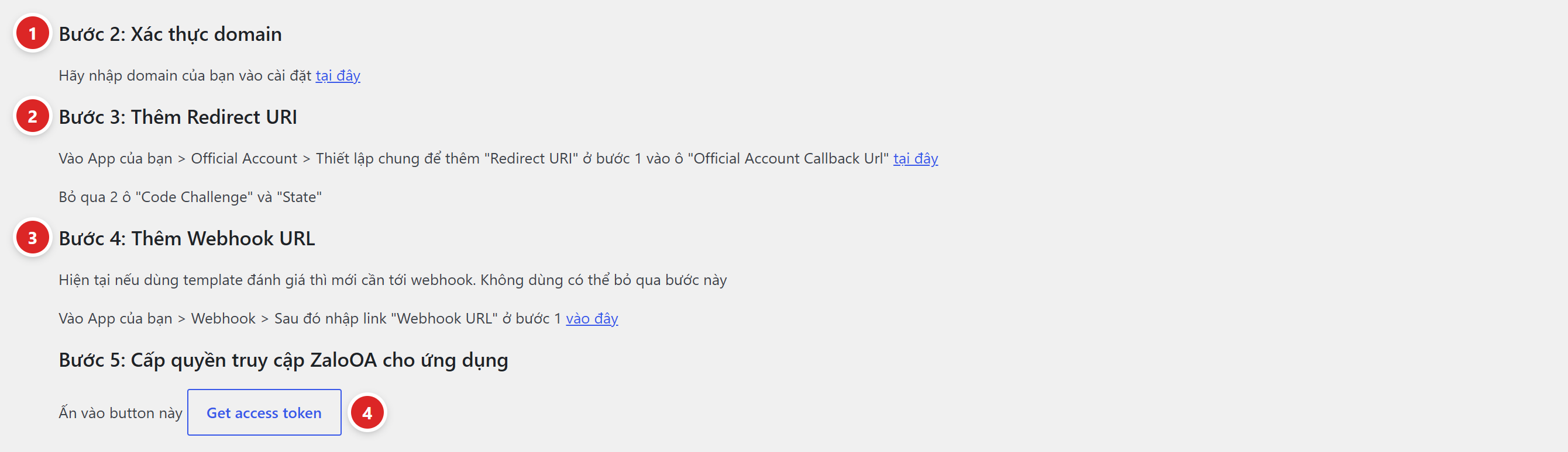 Bốn khối hướng dẫn Bước 2 Xác thực domain, Bước 3 Thêm Redirect URI, Bước 4 Thêm Webhook URL và Bước 5 với nút Get access token