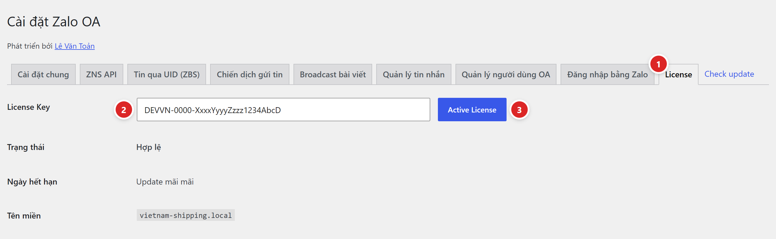 Tab License với ô License Key, nút Active License và các dòng Trạng thái, Ngày hết hạn, Tên miền