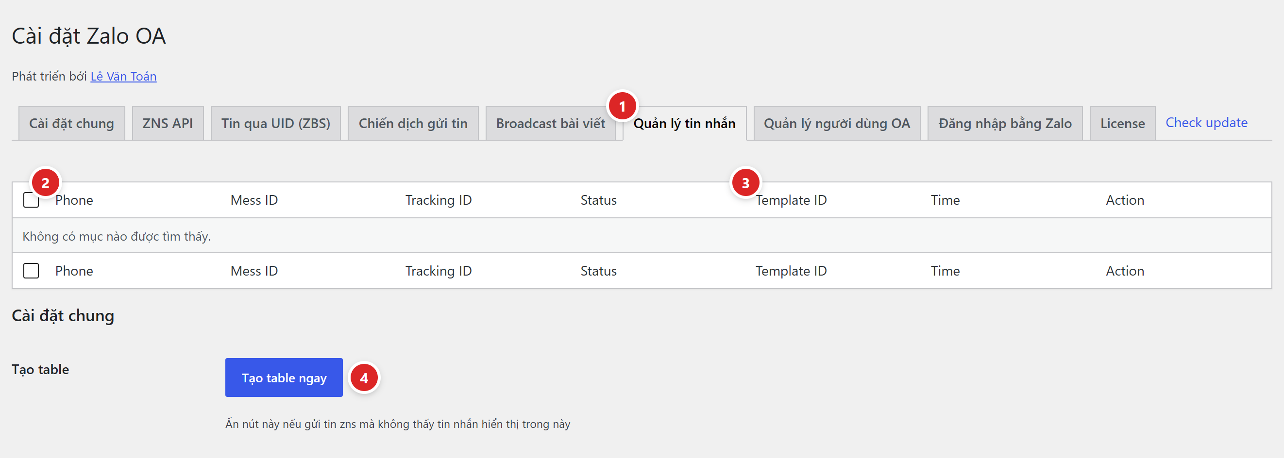Tab Quản lý tin nhắn với bảng Phone, Mess ID, Tracking ID, Status, Template ID, Time, Action và khối Cài đặt chung có nút Tạo table ngay