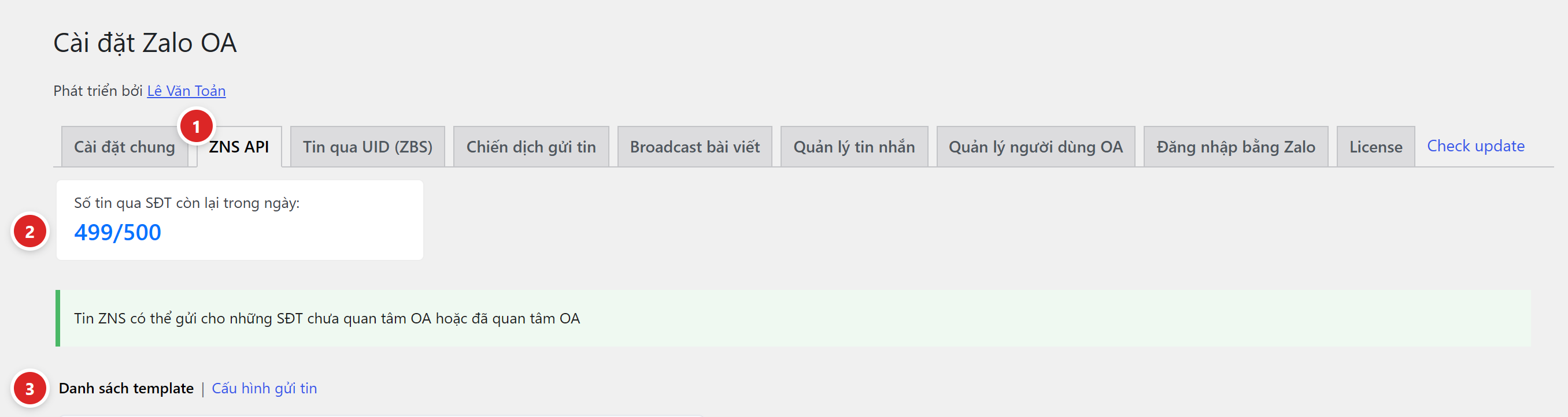 Tab ZNS API với ô hạn mức tin còn lại và hai mục con Danh sách template, Cấu hình gửi tin