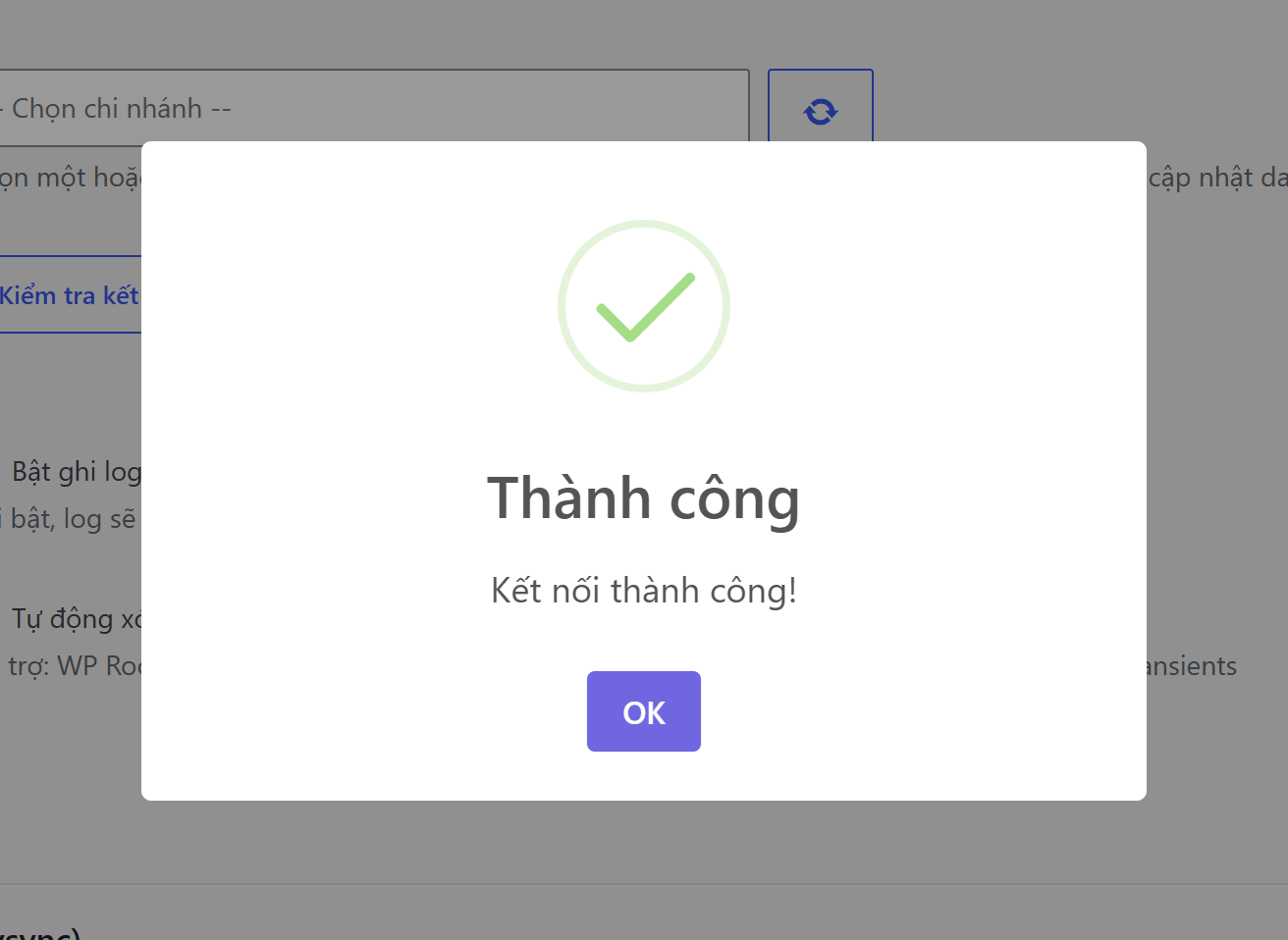 Hộp thoại thông báo Thành công, kết nối thành công