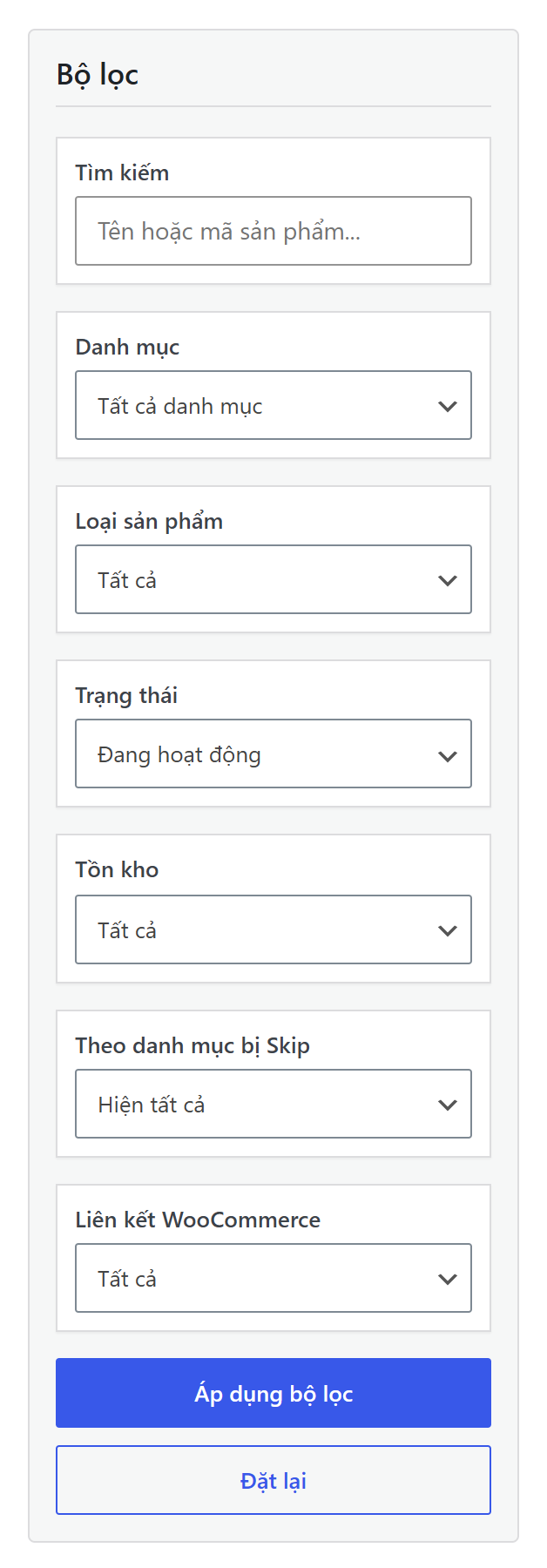 Bộ lọc sản phẩm với các ô tìm kiếm, danh mục, trạng thái, tồn kho