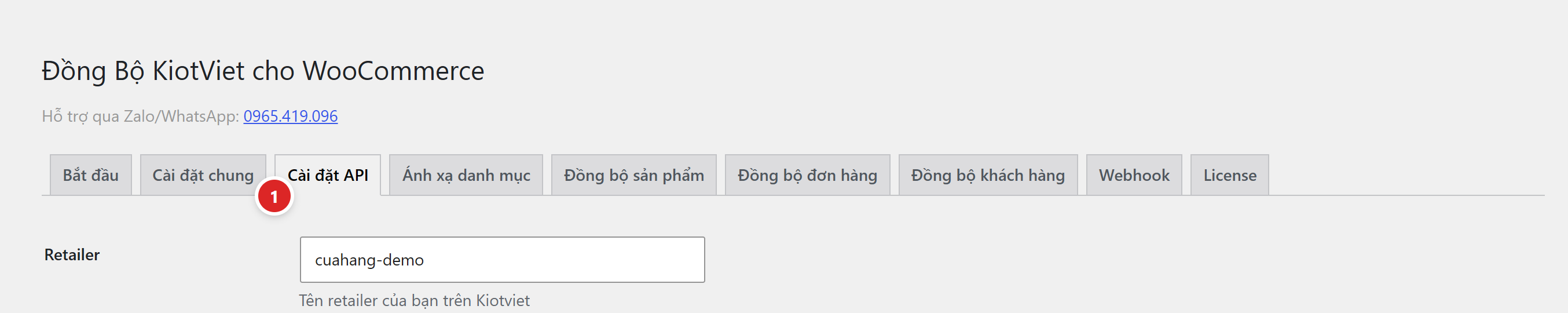 Thanh tab của plugin, chấm số 1 chỉ vào tab Cài đặt API