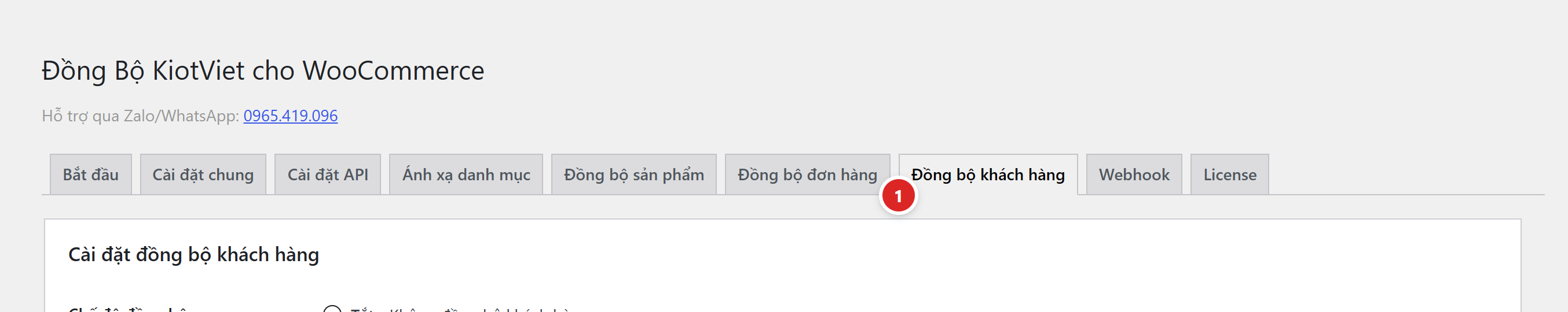 Thanh tab với chấm số 1 chỉ vào tab Đồng bộ khách hàng