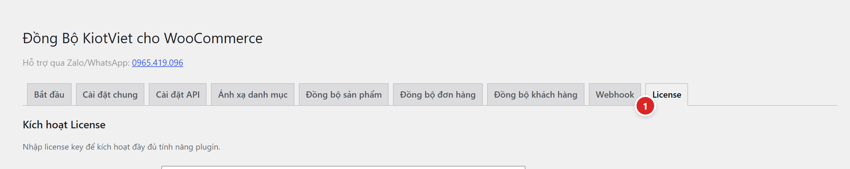 Thanh tab với chấm số 1 chỉ vào tab License