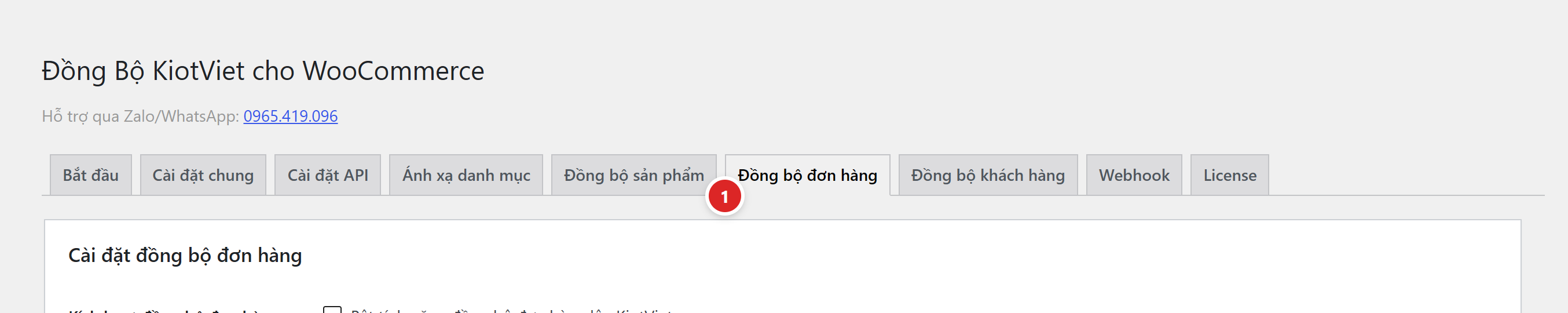 Thanh tab với chấm số 1 chỉ vào tab Đồng bộ đơn hàng