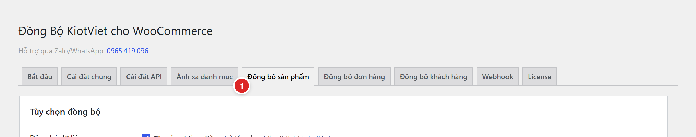 Thanh tab với chấm số 1 chỉ vào tab Đồng bộ sản phẩm