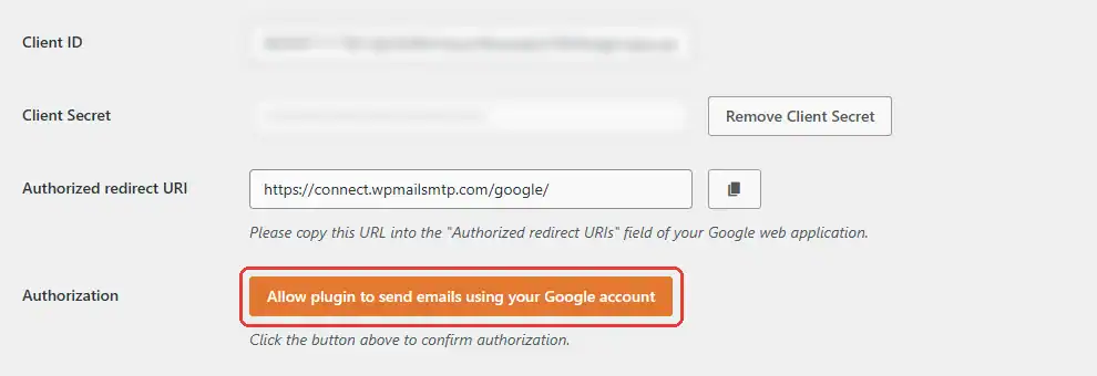 Nút Allow plugin to send emails using your Google account trong WP Mail SMTP sau khi lưu Client ID và Client Secret