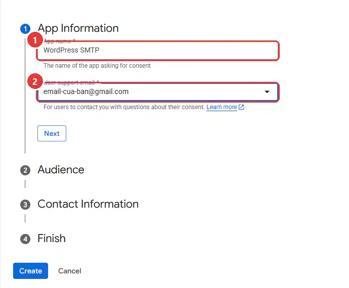 Bước App Information trên Google Auth Platform: App name và User support email