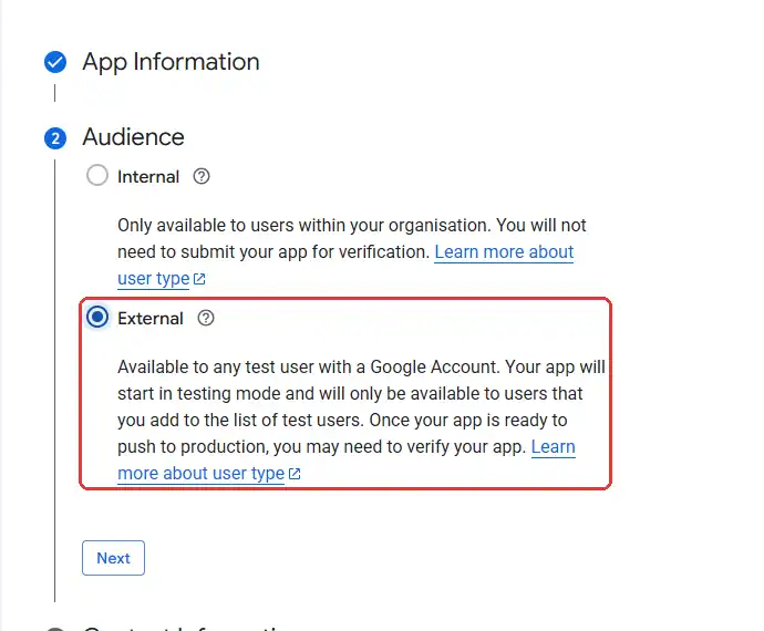 Bước Audience trên Google Auth Platform với lựa chọn External