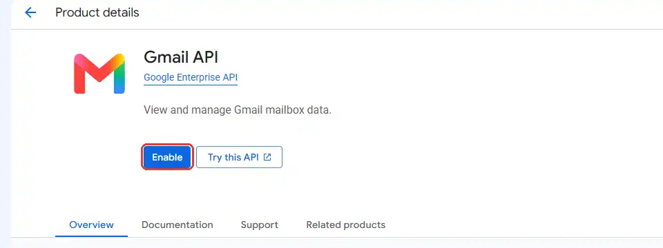 Trang Gmail API trong API Library của Google Cloud với nút Enable