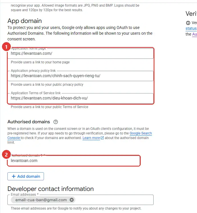 Trang Branding trên Google Auth Platform: ô trang chủ, chính sách quyền riêng tư, điều khoản và Authorised domains