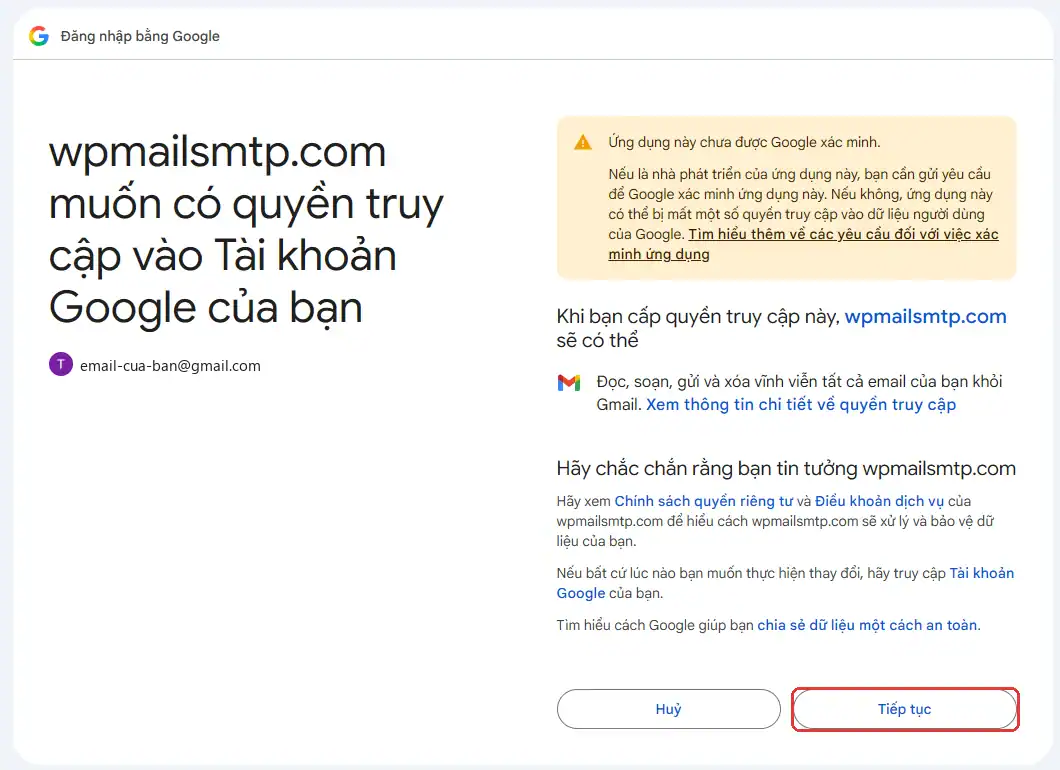 Màn hình cấp quyền Gmail cho wpmailsmtp.com với nút Tiếp tục