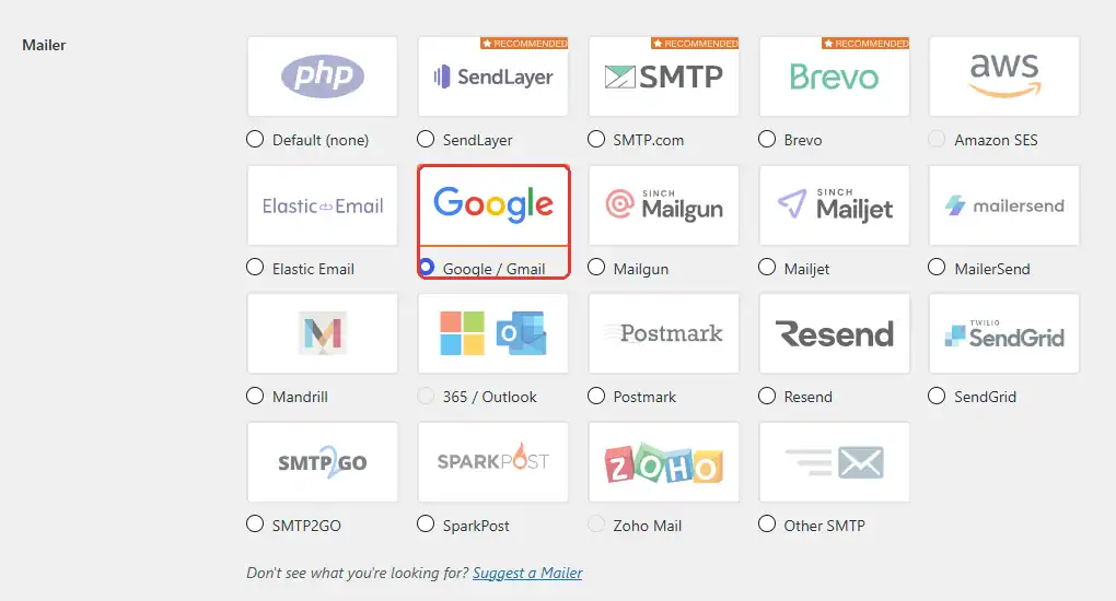 Mục Mailer của WP Mail SMTP với ô Google / Gmail được chọn