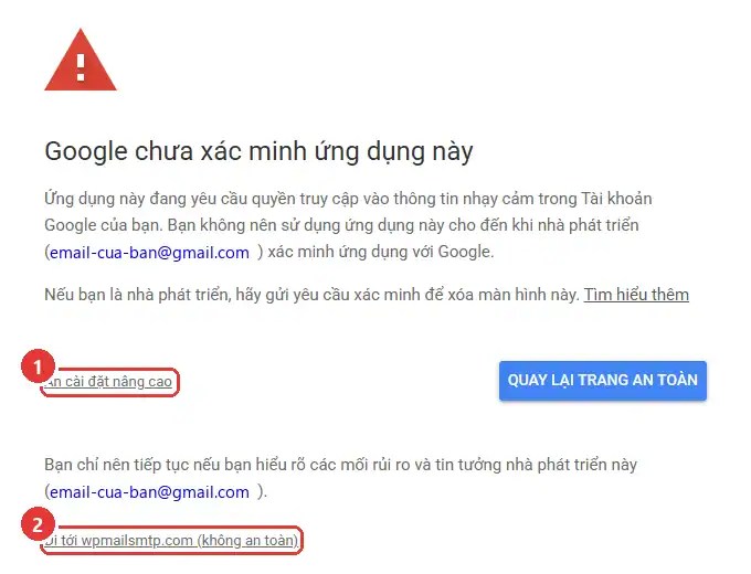 Cảnh báo Google chưa xác minh ứng dụng này với link Nâng cao và Đi tới wpmailsmtp.com