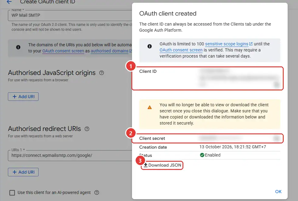 Hộp OAuth client created với Client ID, Client secret và nút Download JSON
