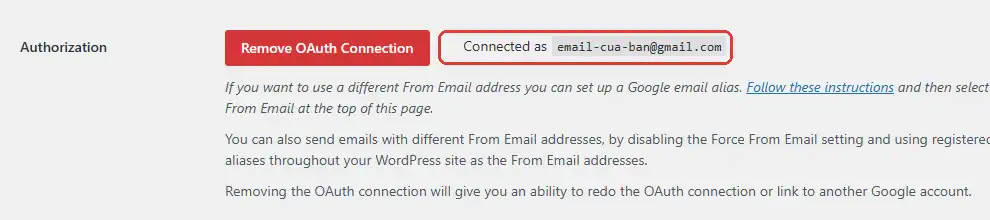 WP Mail SMTP báo Connected as địa chỉ Gmail sau khi kết nối