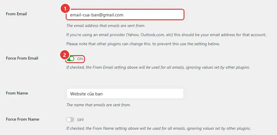 Ô From Email và công tắc Force From Email trong WP Mail SMTP