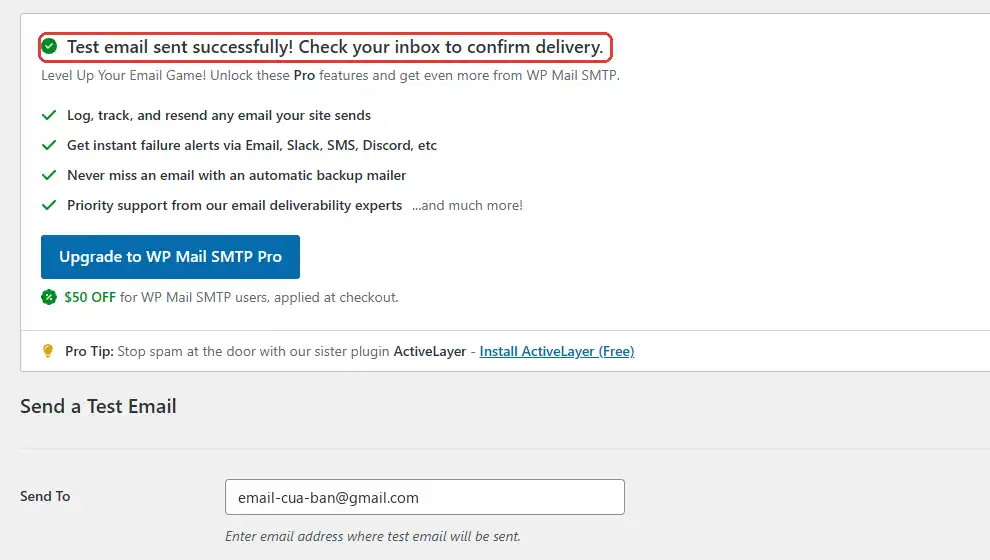 Thông báo Test email sent successfully trong tab Email Test của WP Mail SMTP