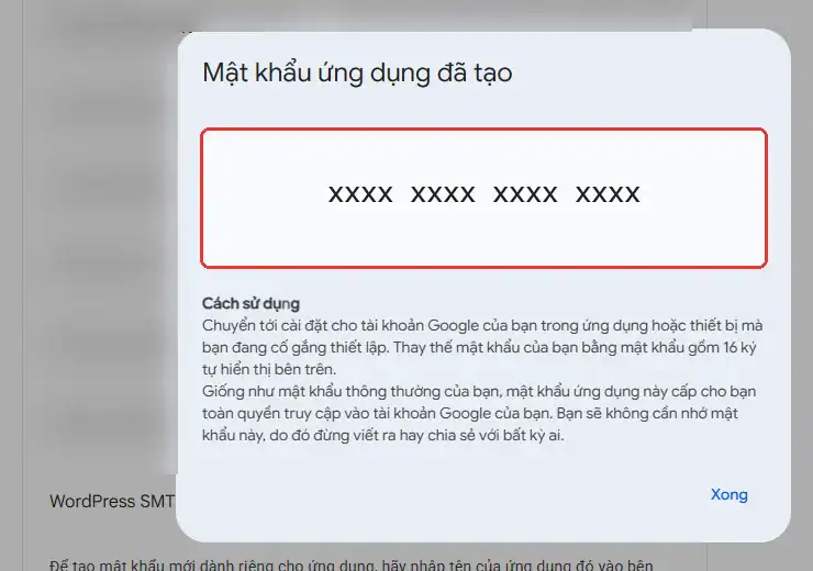 Hộp Mật khẩu ứng dụng đã tạo với mật khẩu 16 ký tự đã che