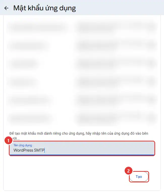 Trang Mật khẩu ứng dụng của tài khoản Google: ô Tên ứng dụng và nút Tạo