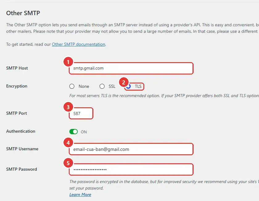 Cấu hình Other SMTP trong WP Mail SMTP cho Gmail: smtp.gmail.com, TLS, cổng 587, Authentication, Username, Password