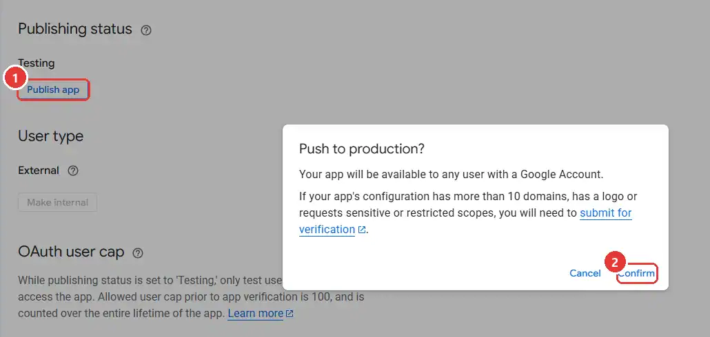 Nút Publish app trong mục Audience và hộp xác nhận Push to production