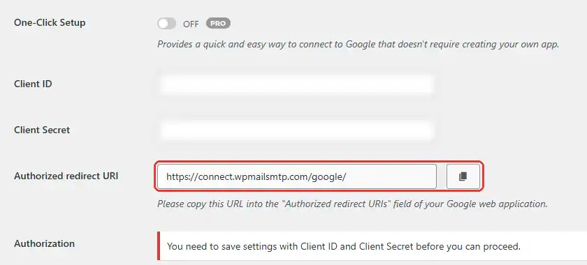 Ô Authorized redirect URI của WP Mail SMTP với đường dẫn connect.wpmailsmtp.com/google và nút copy