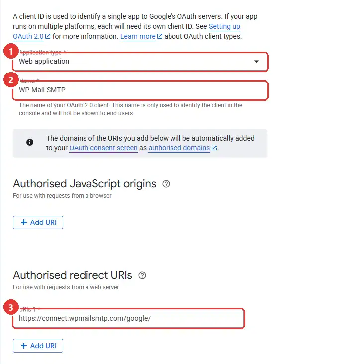 Form Create OAuth client ID: Application type Web application, Name và Authorised redirect URIs