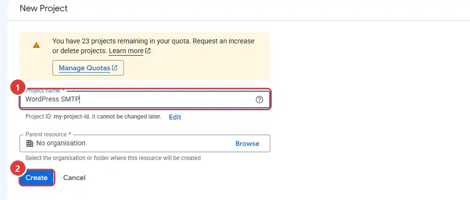 Form New Project trên Google Cloud với ô Project name và nút Create