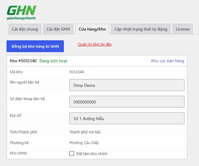 Đồng bộ cửa hàng/kho từ tài khoản GHN, đặt kho chính và khu vực bán hàng