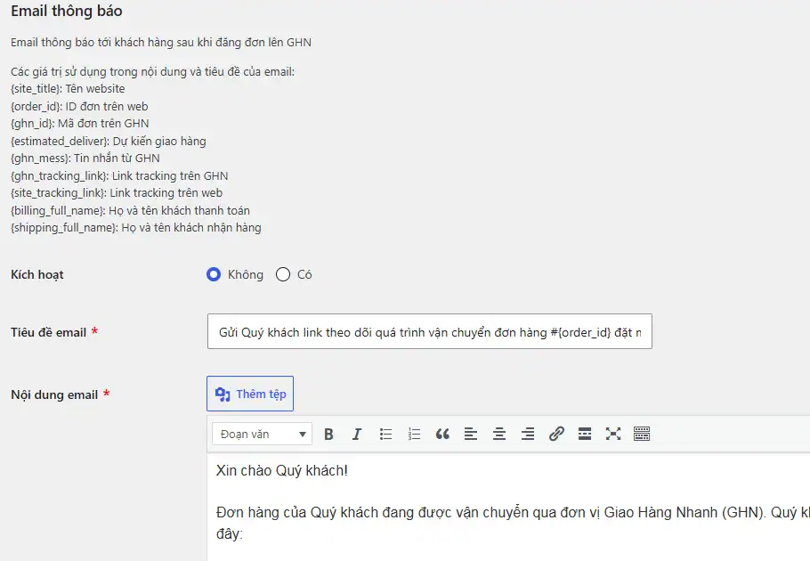 Cài đặt email gửi mã vận đơn GHN cho khách hàng WooCommerce