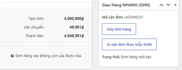 Mã vận đơn GHN, nút huỷ và in vận đơn trong trang đơn hàng WooCommerce