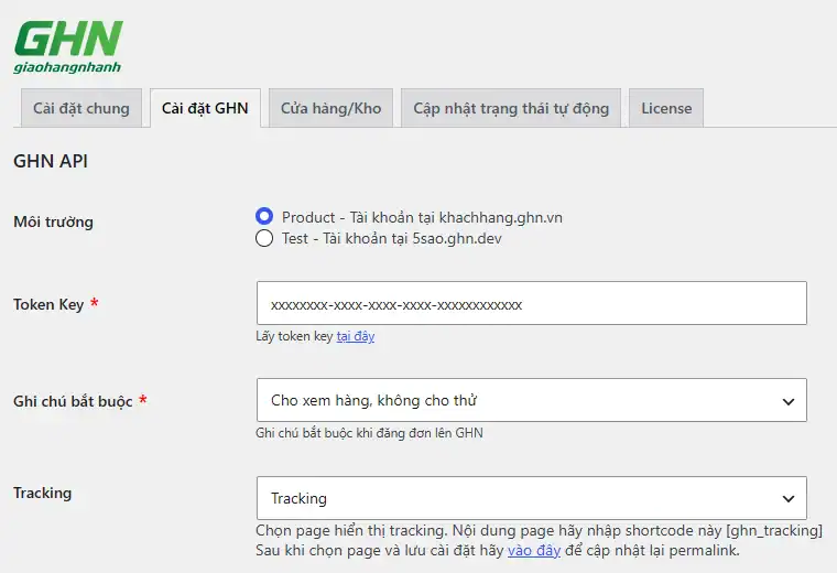 Tab Cài đặt GHN trong plugin WooCommerce: chọn môi trường Product khachhang.ghn.vn hoặc Test 5sao.ghn.dev và ô Token Key
