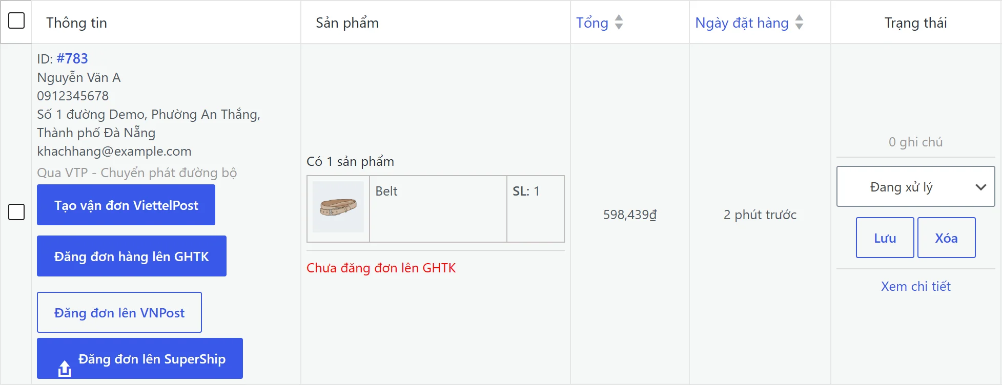 Danh sách đơn hàng WooCommerce có nút Tạo vận đơn ViettelPost cho từng đơn