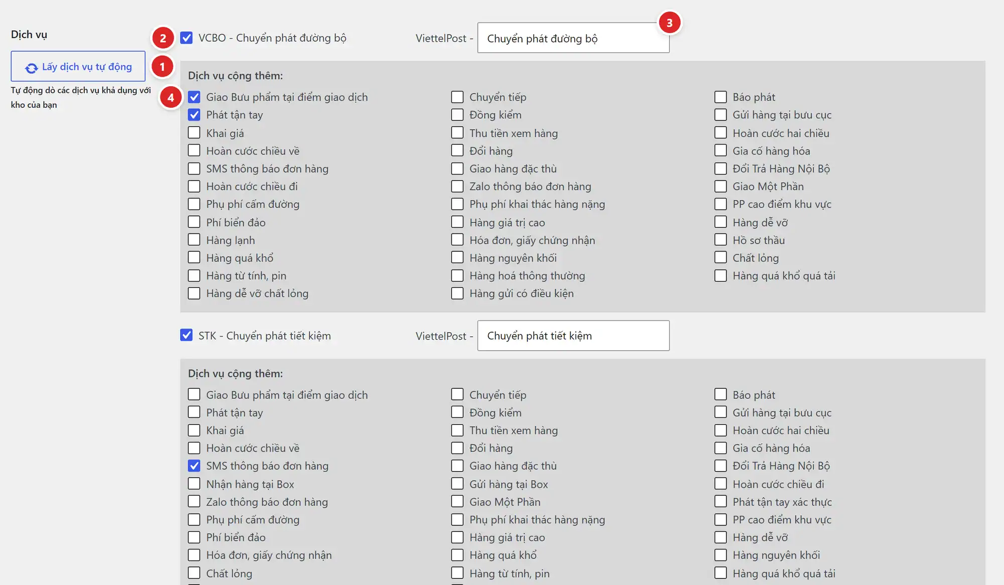 Chọn gói dịch vụ và dịch vụ cộng thêm Viettel Post trong plugin