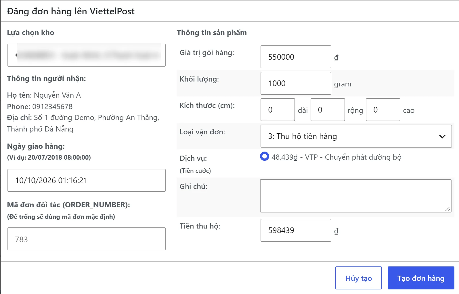 Hộp thoại tạo vận đơn ViettelPost với loại vận đơn, dịch vụ và tiền thu hộ điền sẵn