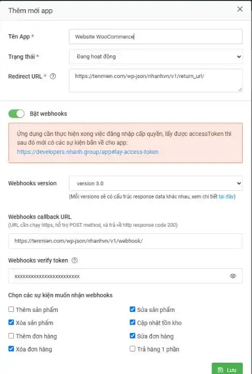 Form Thêm mới app trên open.nhanh.vn với Tên App, Trạng thái Đang hoạt động, Redirect URL dạng wp-json/nhanhvn/v1/return_url và phần webhook
