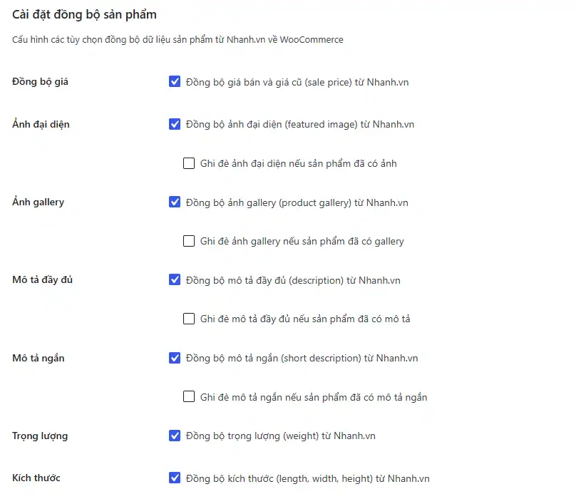 Cài đặt đồng bộ sản phẩm: giá bán và giá cũ, ảnh đại diện, gallery, mô tả, trọng lượng, kích thước