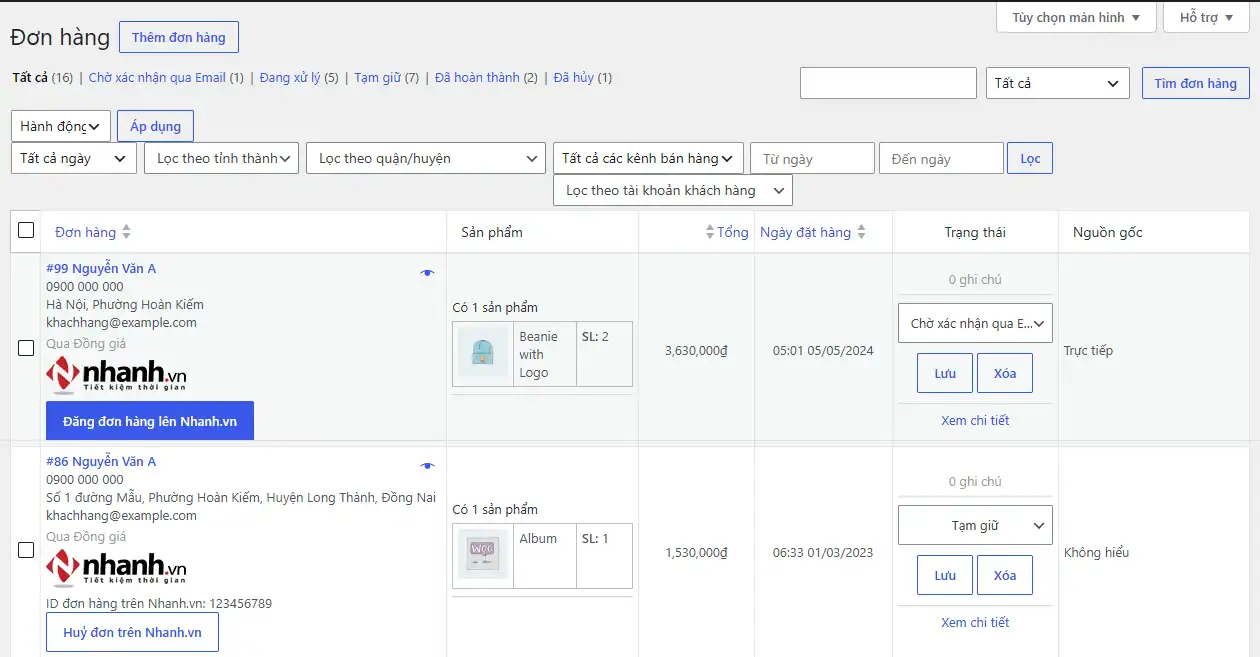 Danh sách đơn WooCommerce kiểu mới có nút Đăng đơn lên Nhanh.vn, bộ lọc ngày, tỉnh, kênh bán