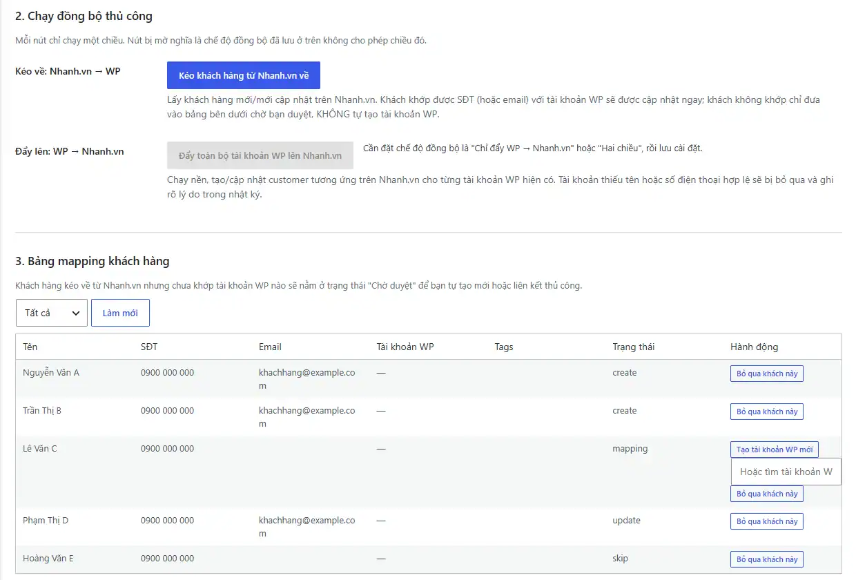 Đồng bộ khách hàng giữa WordPress và Nhanh.vn: kéo về, đẩy lên và bảng ghép khách hàng