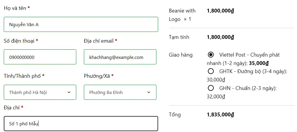 Trang thanh toán WooCommerce hiện phí ship các hãng lấy từ Nhanh.vn theo địa chỉ 2 cấp (dữ liệu mẫu)