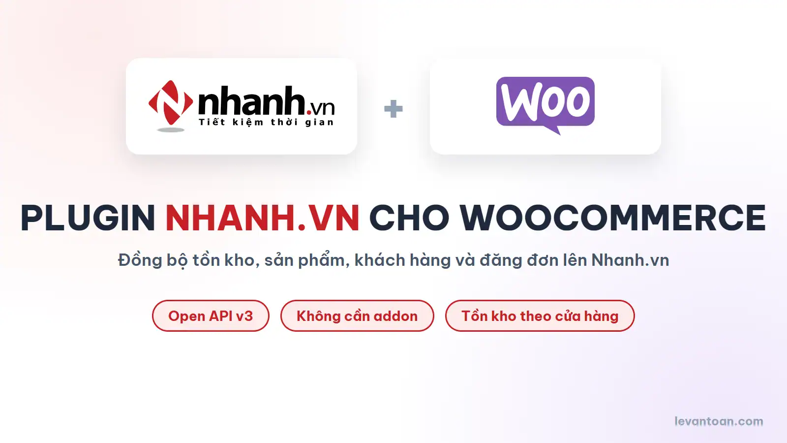 Plugin Nhanh.vn cho WooCommerce: logo Nhanh.vn và WooCommerce, đồng bộ tồn kho, sản phẩm, khách hàng, đăng đơn