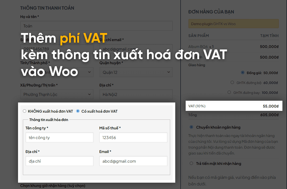 Thêm phí VAT và thông tin xuất hoá đơn VAT vào Woo