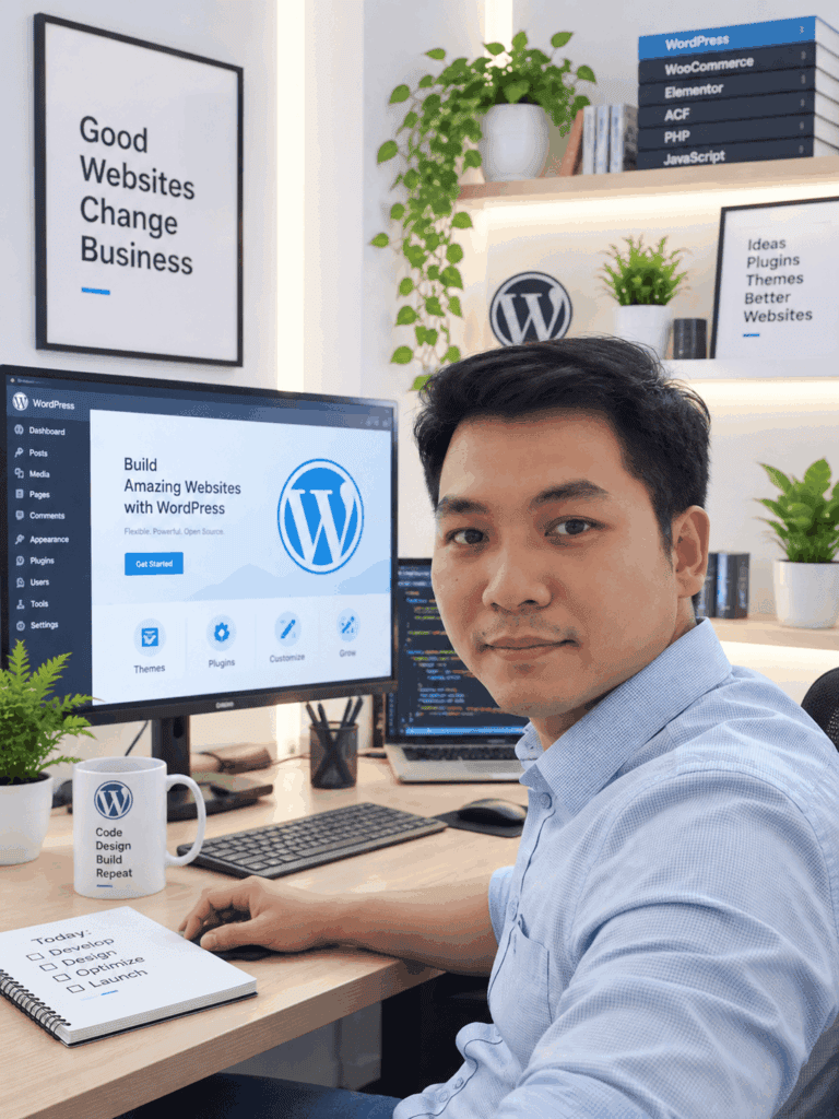 Lê Văn Toản, lập trình viên WordPress và tác giả plugin DevVN, tại bàn làm việc