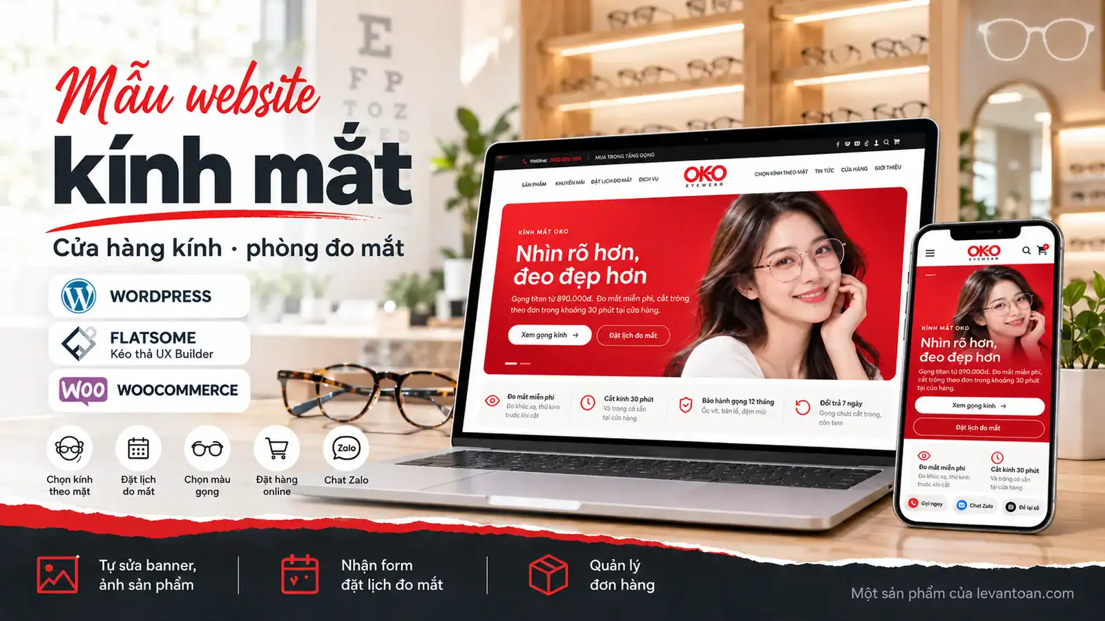 Mẫu website cửa hàng kính mắt trên WordPress, WooCommerce và Flatsome